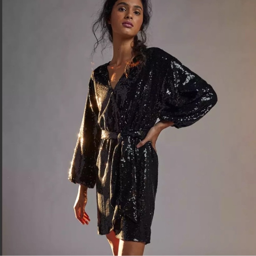 Anthropologie Sequin Mini Wrap Dress in Black XS